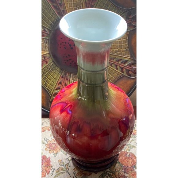 Vase, XL, 16”T, Yabian Chinese Flambé Drip Glaze, Red,Purple,Green,VTG*Rare* - Picture 5 of 16
